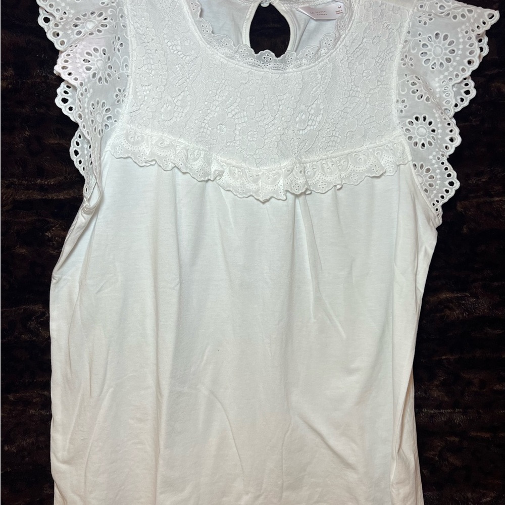 LC Lauren Conrad White Eyelet Ruffle Sleeveless Blouse Size M